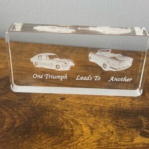 Vintage Triumph TR Sports Car Crystal Paperweight One Triumph Leads To Another